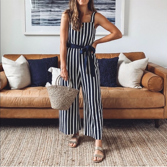 J. Crew Navy and White Striped Jumpsuit Sz 2 - Picture 1 of 14